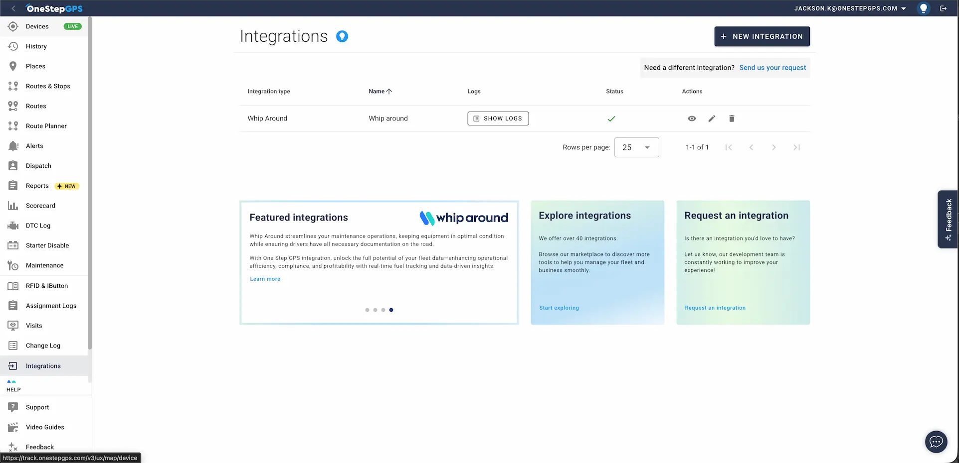 One Step GPS in-app integrations screen with Whip Around displayed