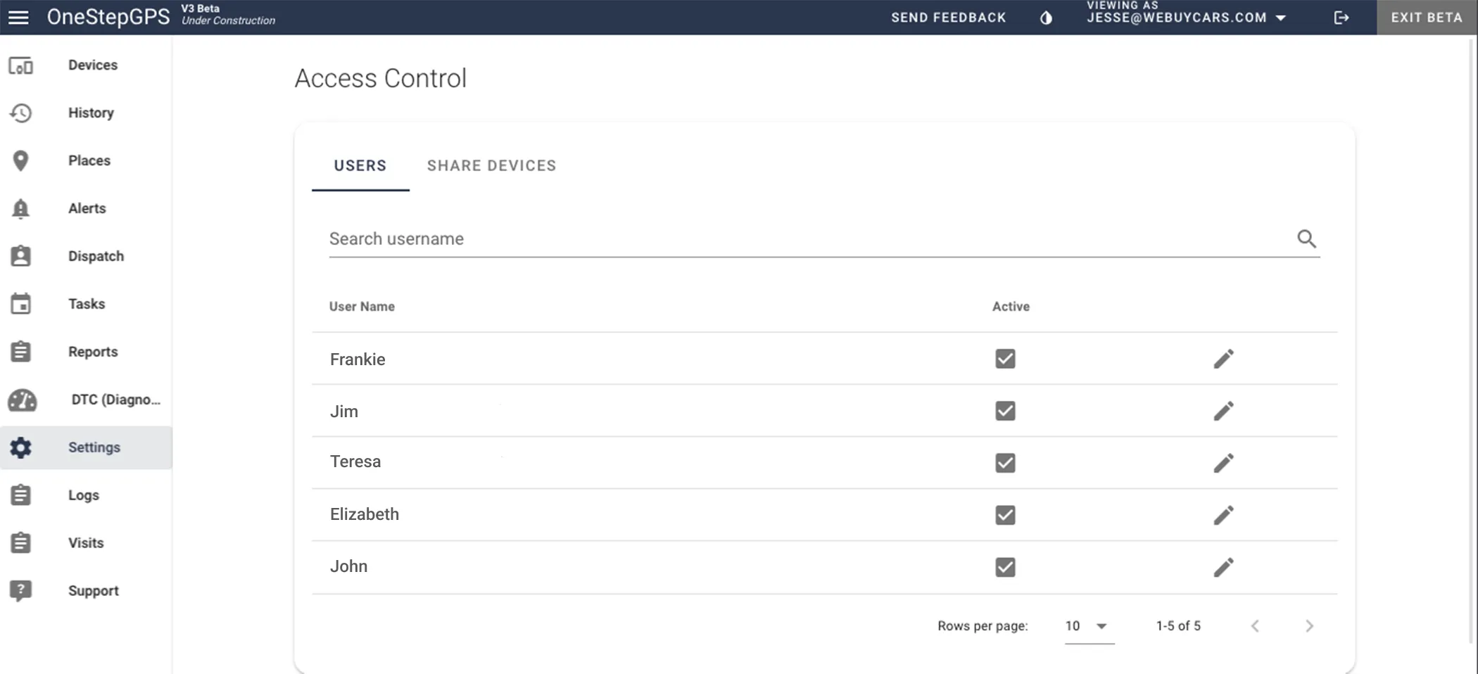 One Step GPS dashboard showing access control panel