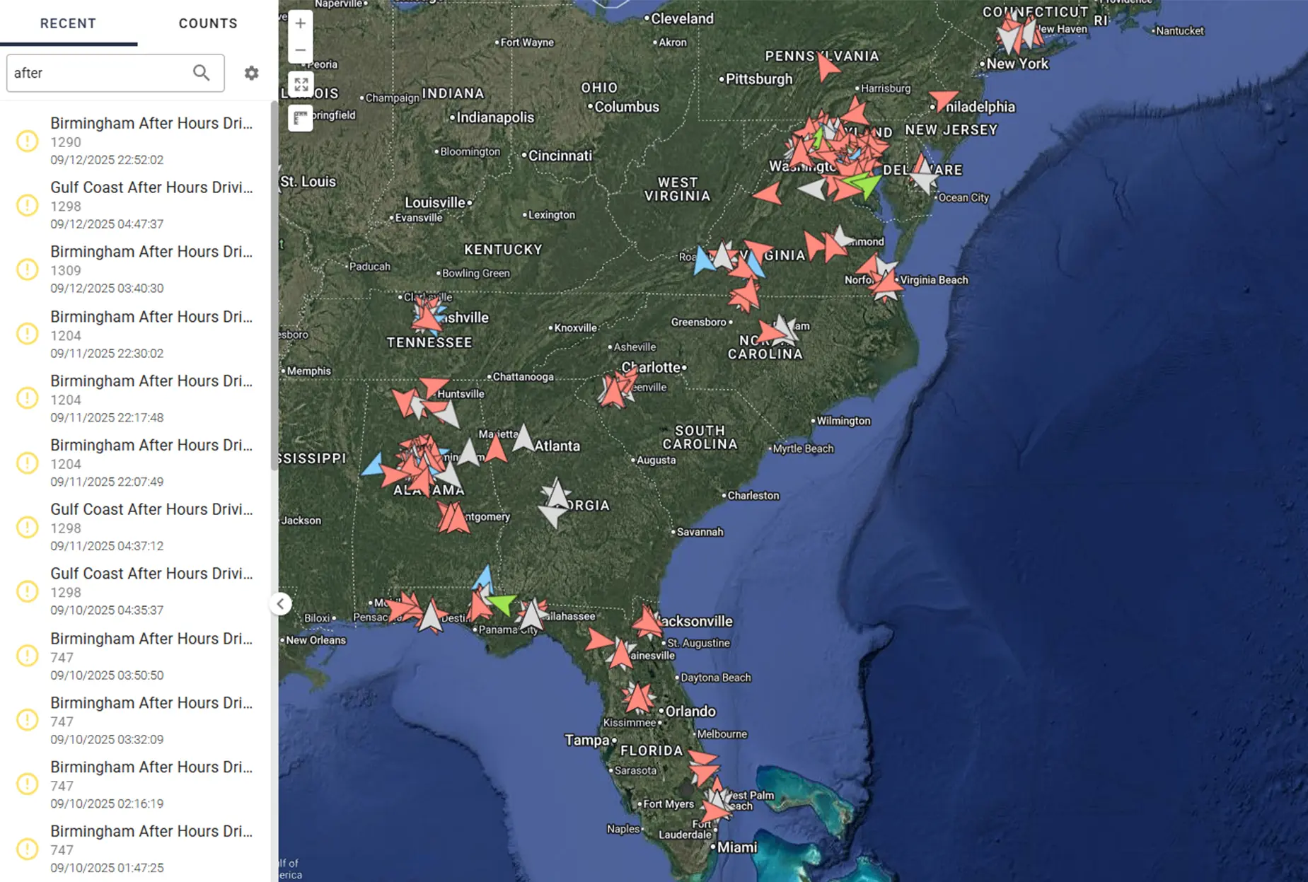 Map UI showing after hours driving alerts