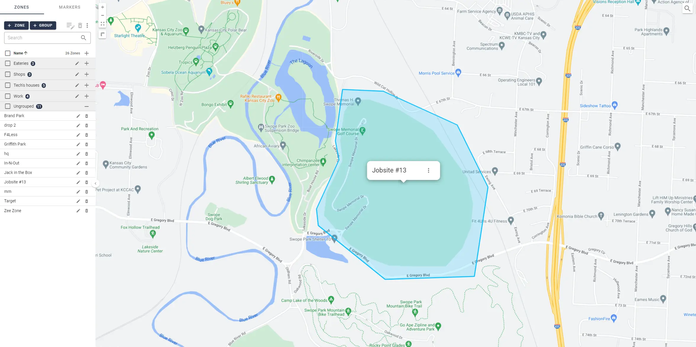 Map interface displaying multiple custom geofence zones and grouped locations for fleet management and jobsite tracking