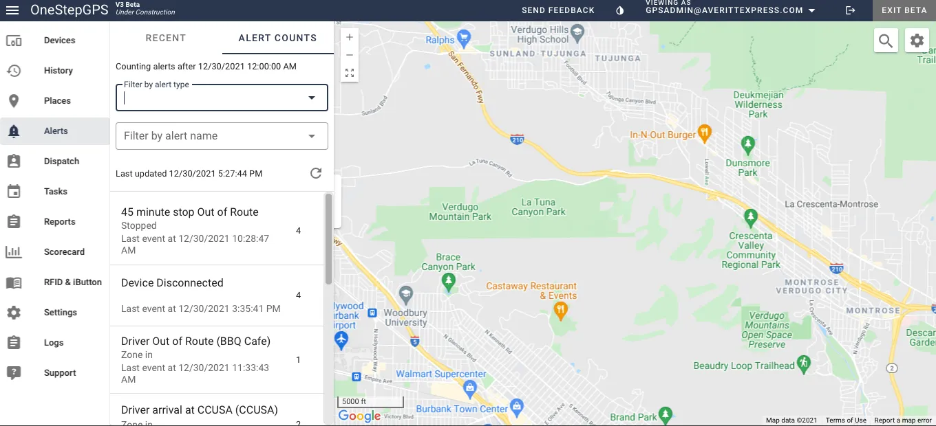 One Step GPS dashboard alerts panel