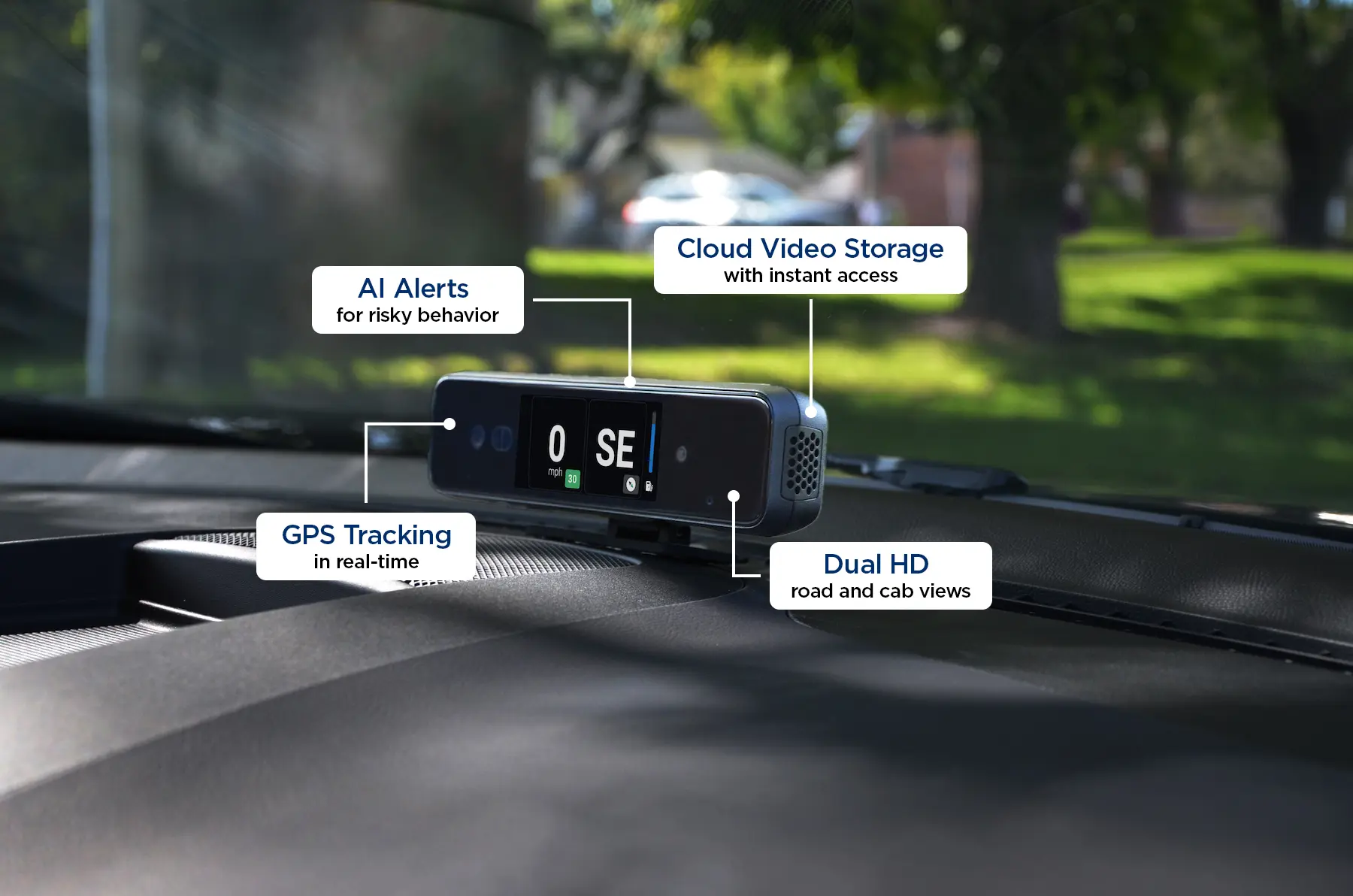 One Step GPS AI dashcam installed on a vehicle dashboard highlighting real-time GPS tracking, AI alerts, and dual HD video