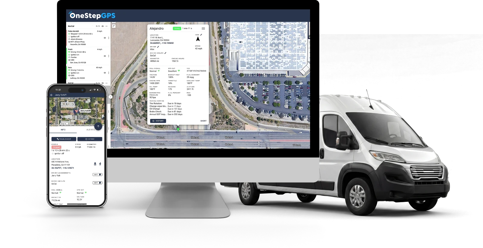 Fleet management software dashboard shown on desktop and mobile devices alongside a commercial cargo van for fleet tracking and vehicle management.