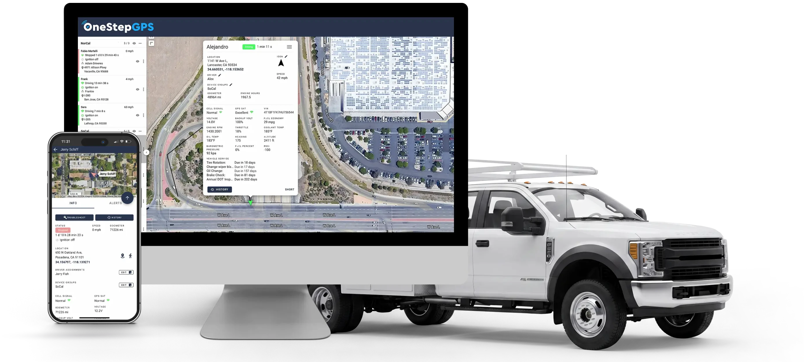 The One Step GPS platform on a desktop and phone showing a vehicle's detailed status over a satellite map, beside a white Ram flatbed truck — illustrating dispatching from the map instead of by phone.
