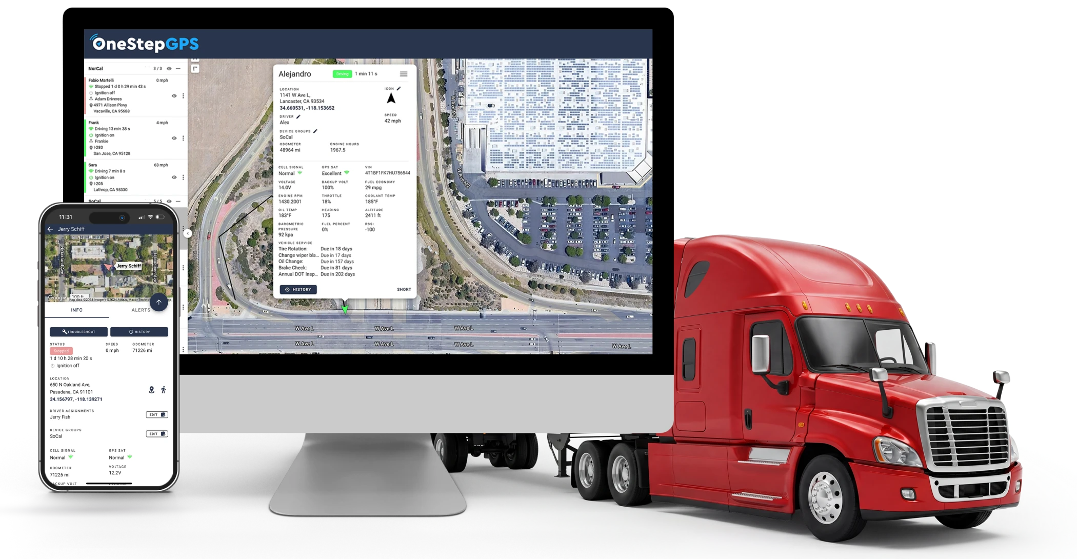 The One Step GPS platform on a desktop and phone showing a vehicle's detailed status over a satellite map, beside a white Ram flatbed truck — illustrating dispatching from the map instead of by phone.