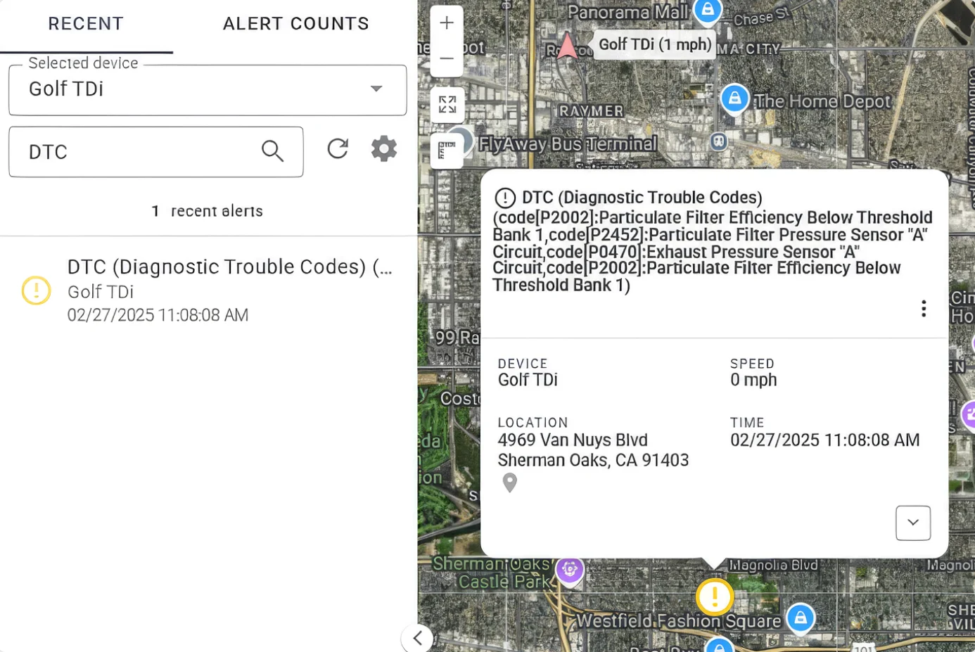 A diagnostic trouble code (DTC) alert in One Step GPS showing an engine fault detected on a vehicle, illustrating the maintenance alerts that flag problems before a breakdown.