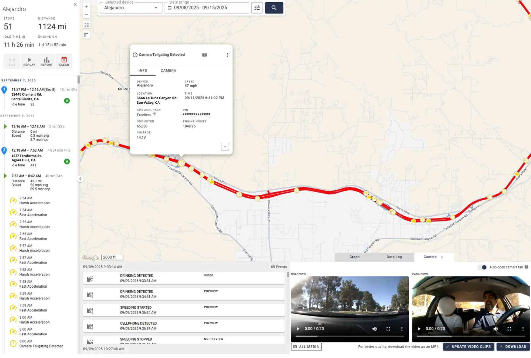 Dual-facing dashcam Device UI