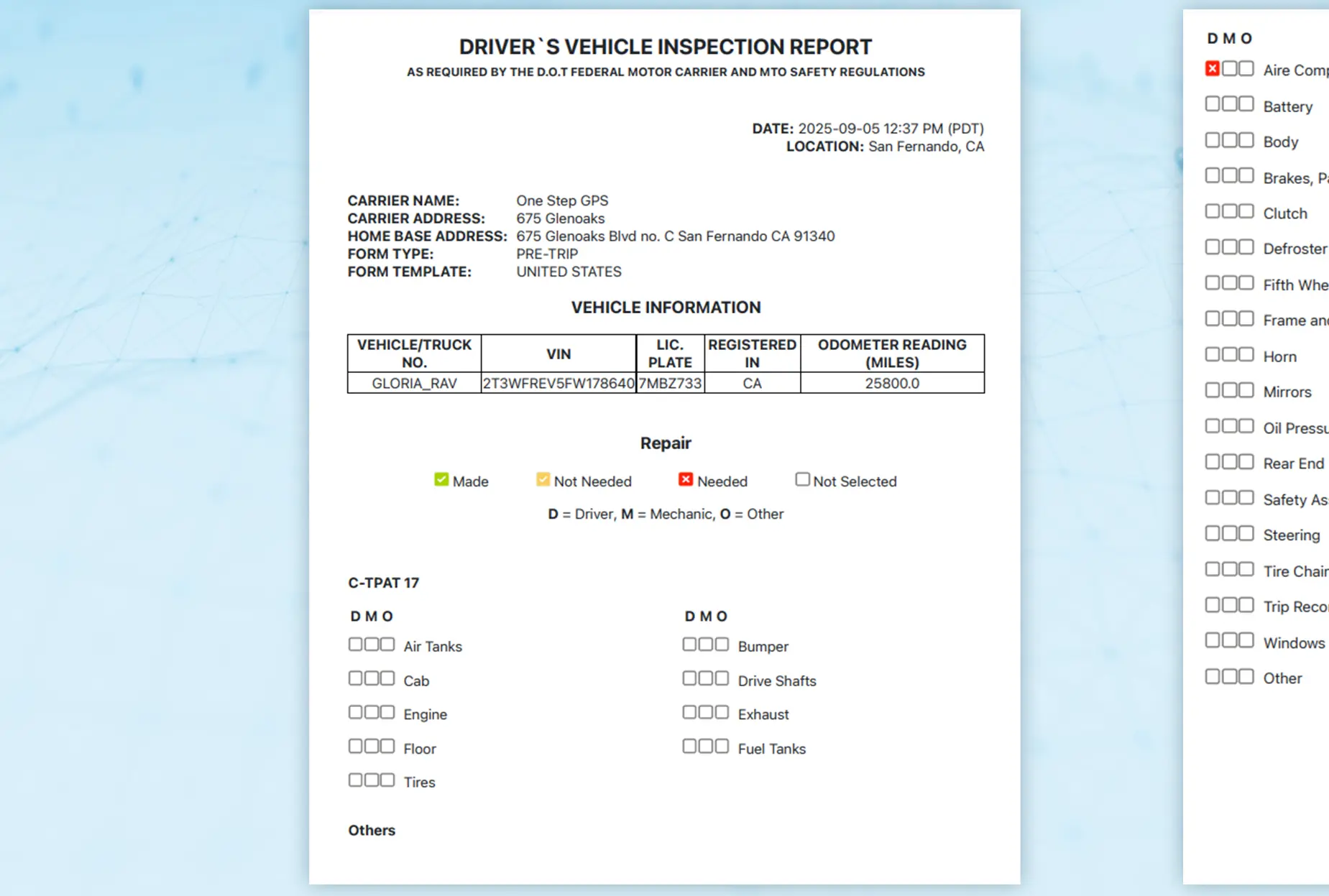 One Step GPS DVIR UI