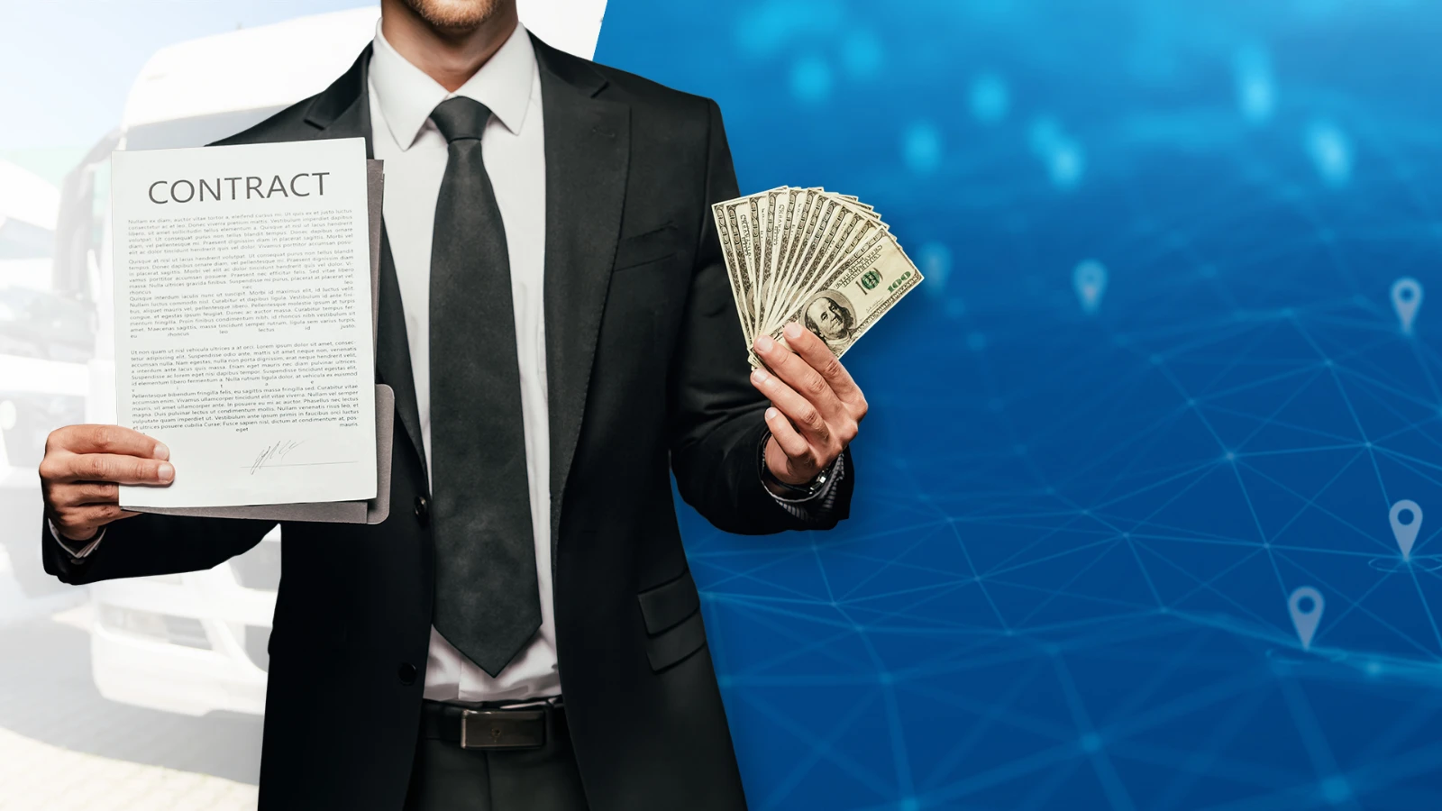 Man in a suit holding a contract and cash in front of a blue fleet GPS tracking map background, representing early termination fees in fleet GPS contracts