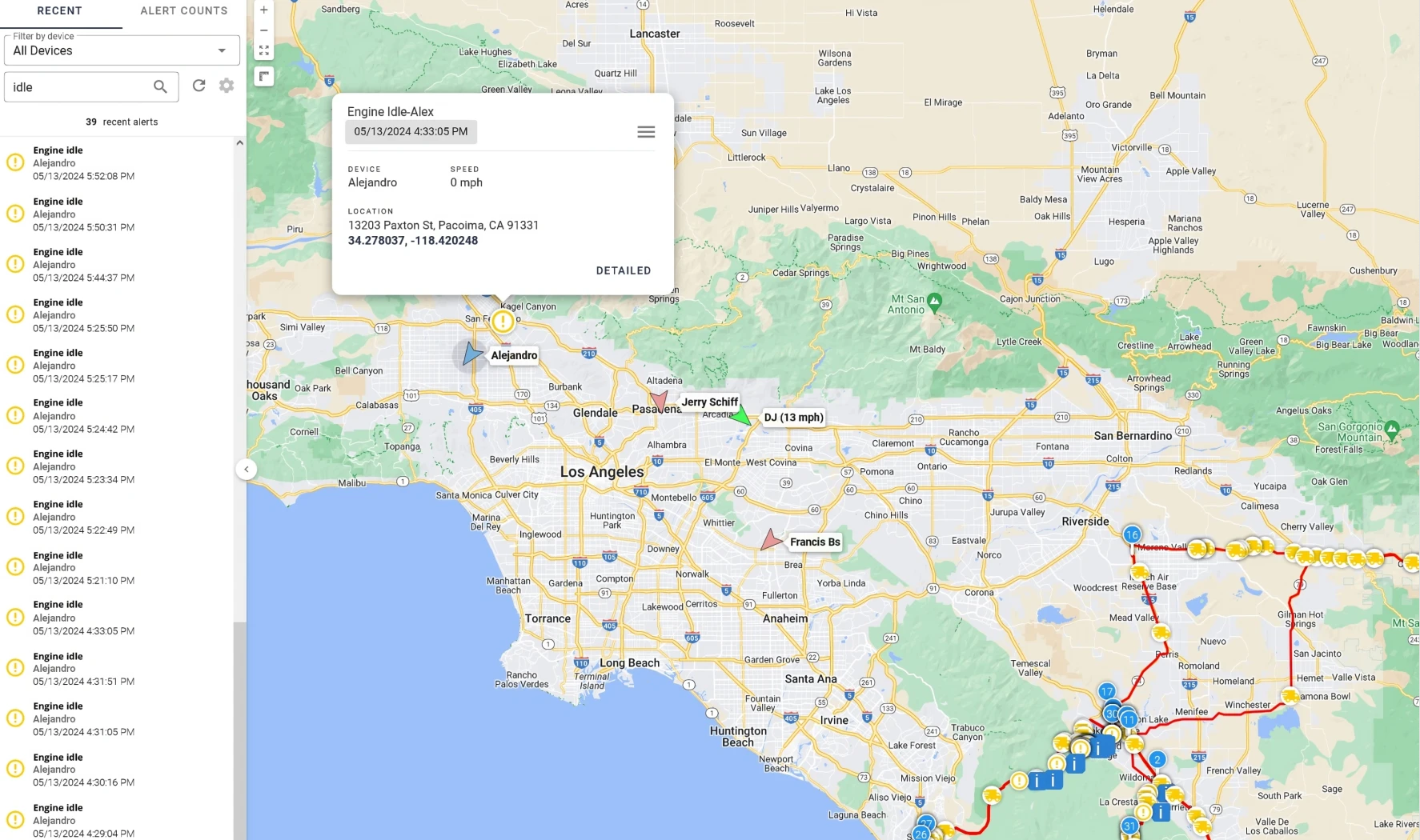 A One Step GPS screen with engine-idle and recent alerts on a map, illustrating idle reduction and fuel-waste/emissions tracking.