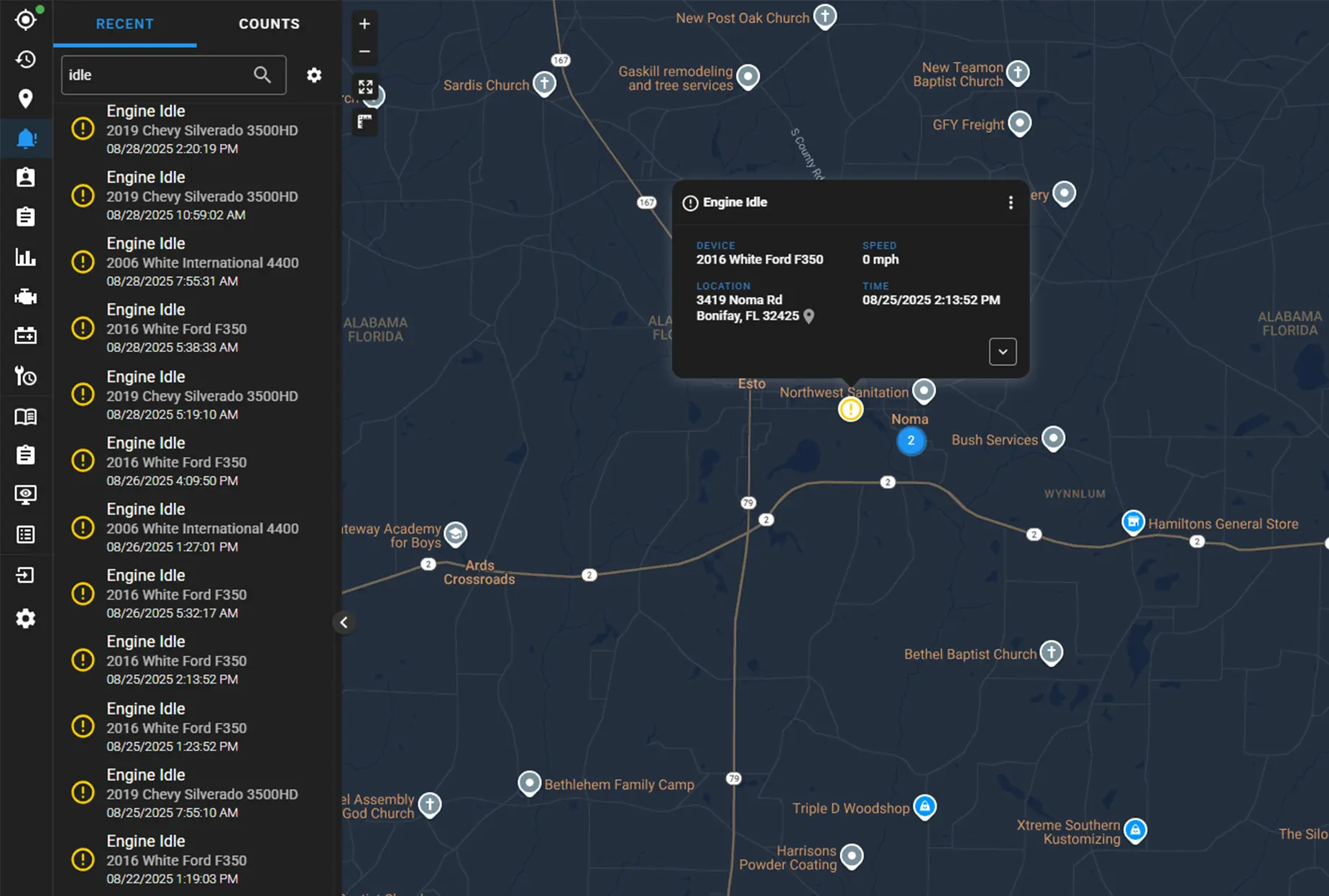 Map UI showing excessive idling alert for a device