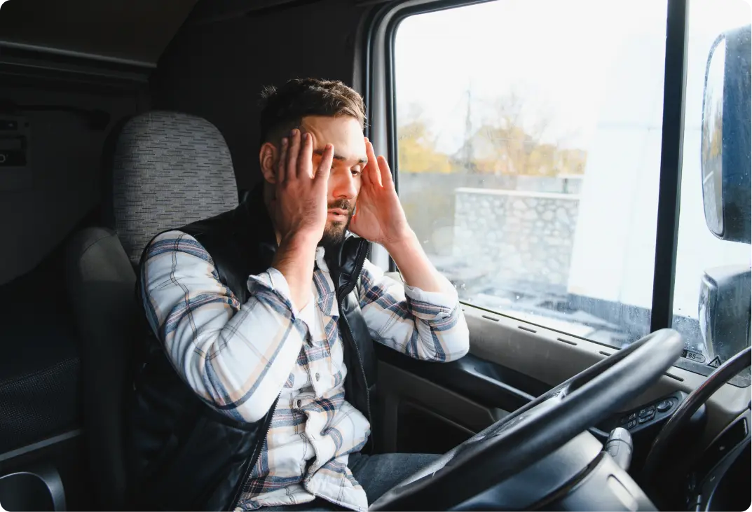 A frustrated driver sitting in a truck cab with his hands on his head, illustrating the abandonment that happens when a platform is too clunky to actually use.