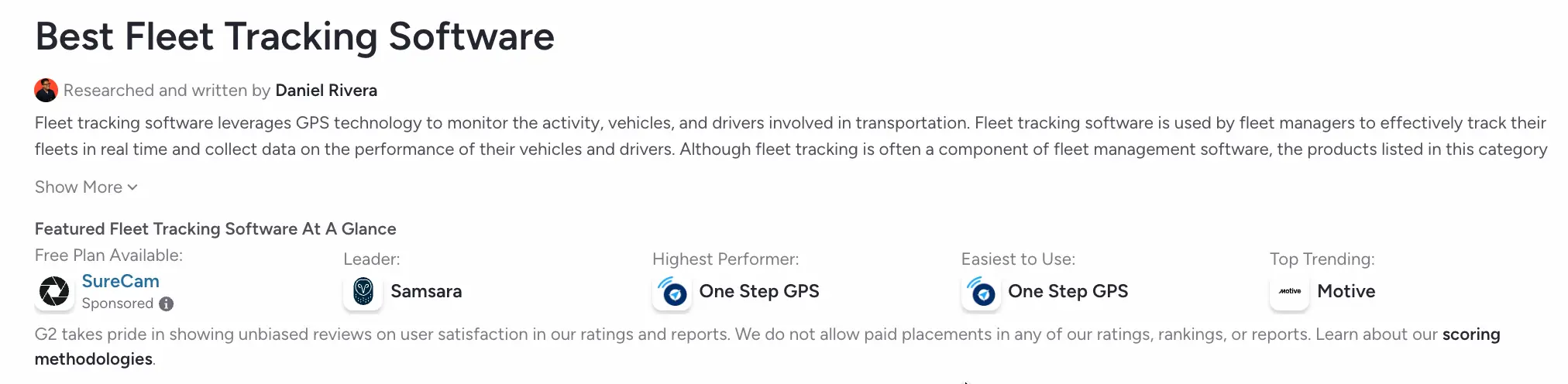 G2 Best Fleet Tracking Software category page showing One Step GPS recognized as Highest Performer and Easiest to Use for fleet tracking