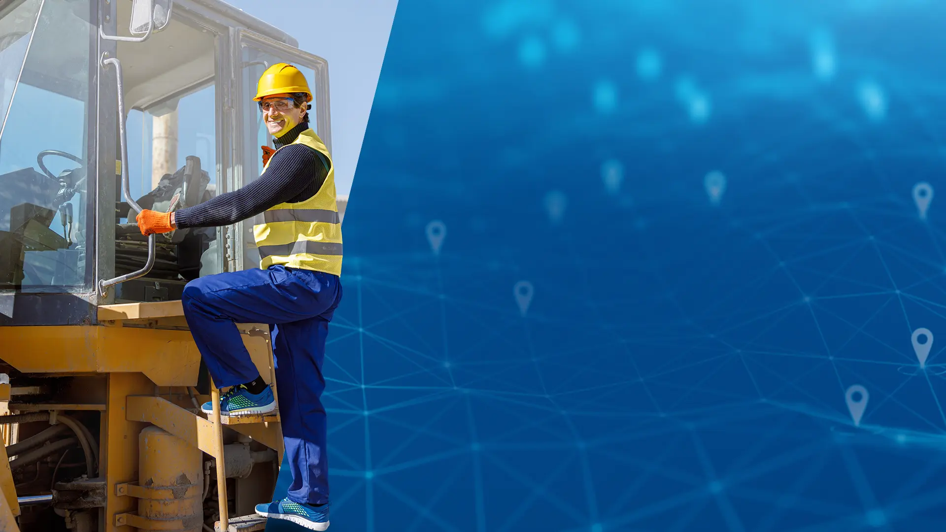 Construction worker climbing into heavy equipment while using fleet management software to track vehicles, equipment, and job site operations.