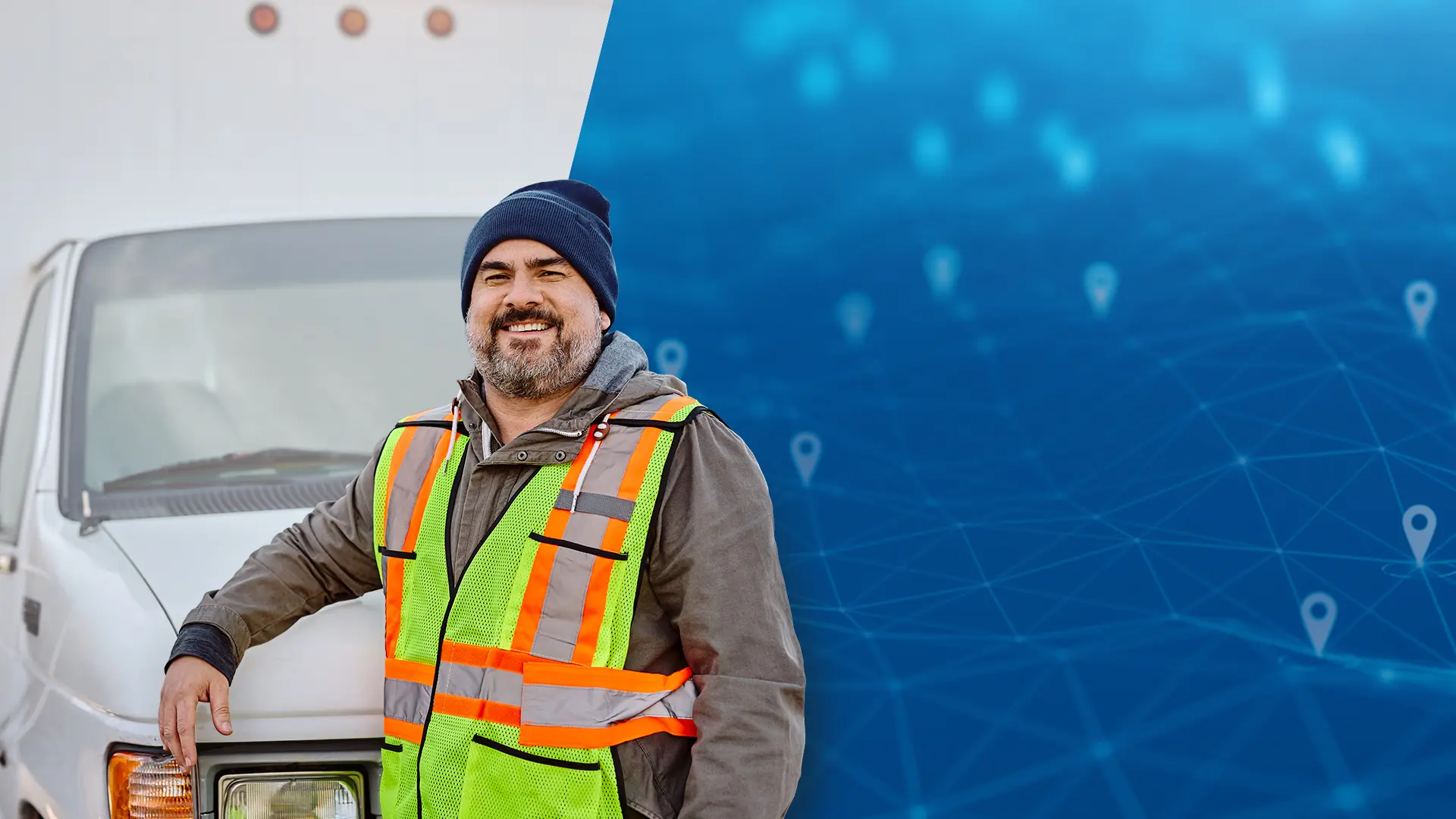Fleet worker standing beside a truck with a blue GPS location tracking graphic overlay