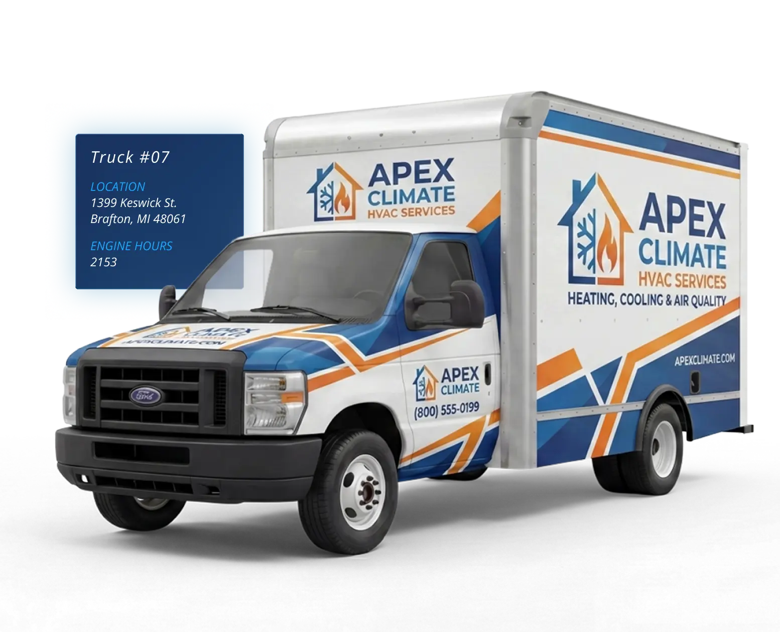 Branded HVAC box truck on a dark blue background with a One Step GPS tracking card overlaid showing the truck's live location and engine hours, illustrating the page's promise that you can see where your fleet is without a contract.