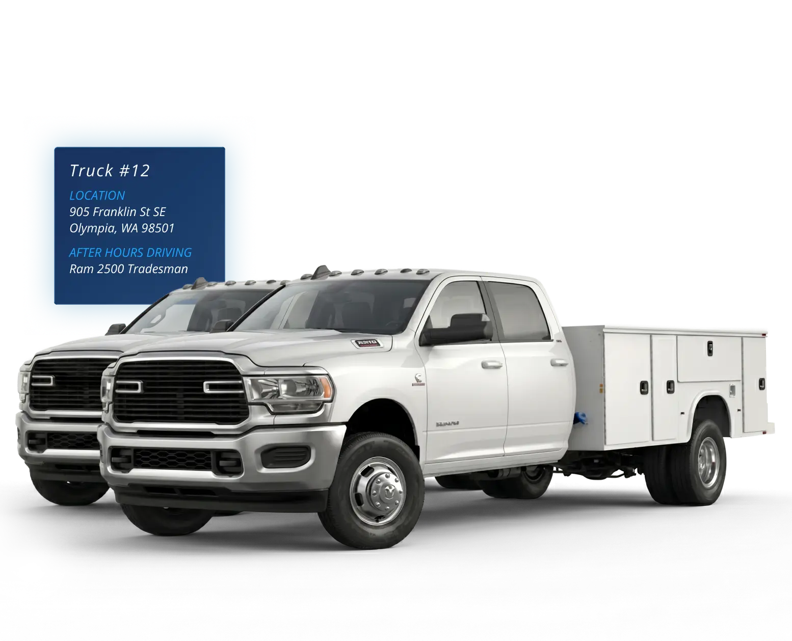 Two white Ram work trucks, one with a utility service body, on a dark blue background with a One Step GPS card overlay showing one truck's location and after-hours-driving status — reinforcing the promise of enterprise-grade tracking for mid-sized fleets with no contracts.