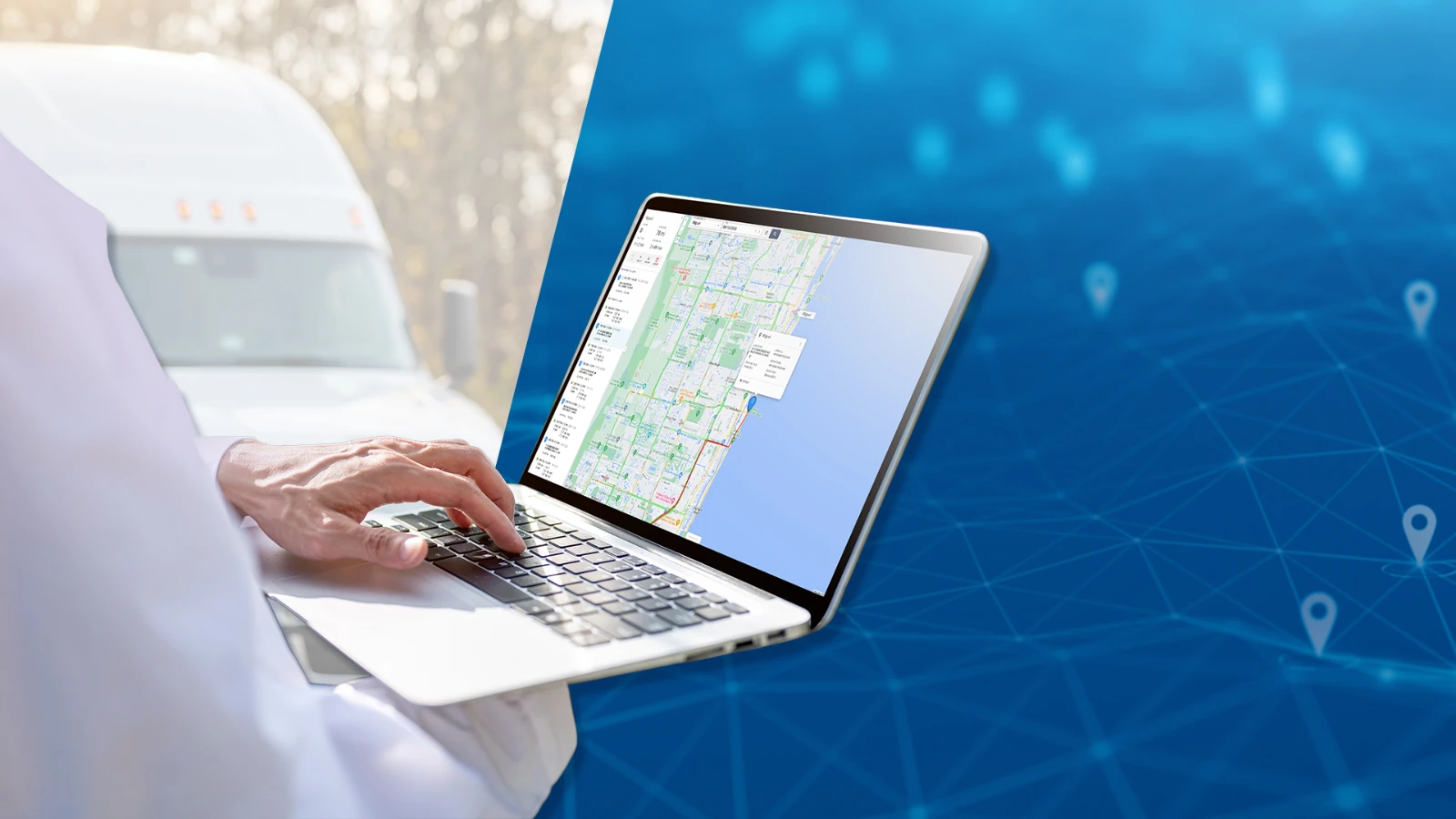 Fleet manager reviewing GPS tracking data on a laptop to manage vehicle location history, ownership, and data portability