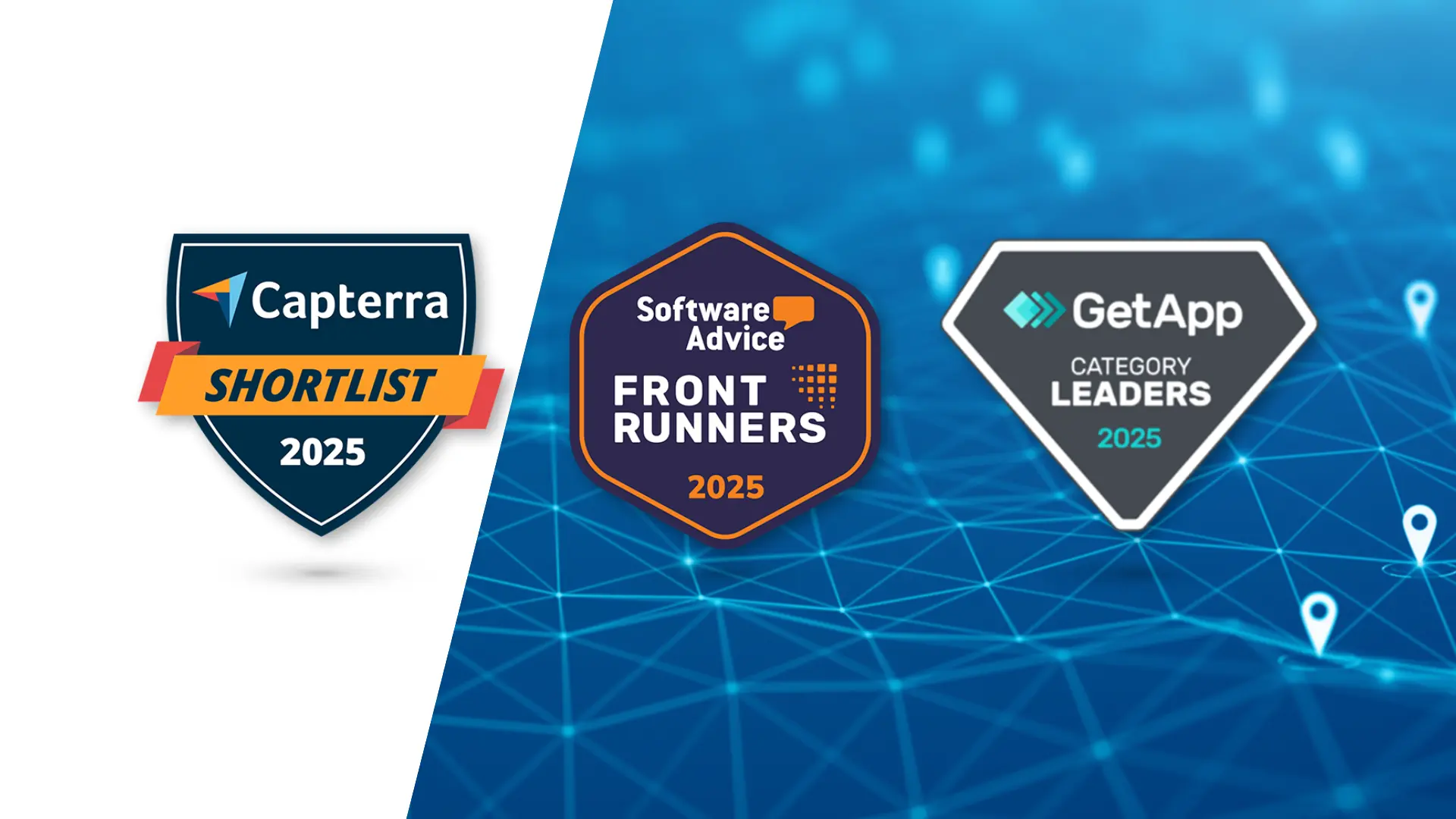 One Step GPS 2025 Awards - Capterra Shortlist, GetApp Category Leaders, and Software Advice FrontRunners badges
