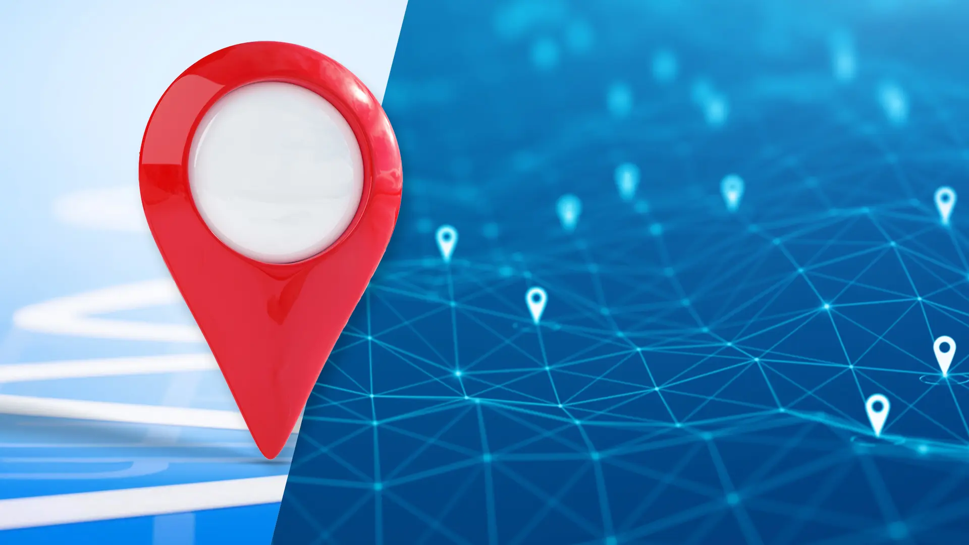 Digital map pin icon over a connected GPS network background representing real-time fleet tracking and geofencing technology.
