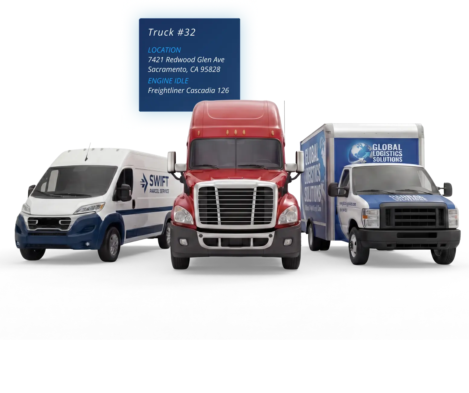 Three commercial vehicles — a Swift parcel van, a red Freightliner Cascadia semi, and a Global Logistics box truck — on a dark blue background with a One Step GPS tracking card overlay showing one truck's location and idle status, reinforcing enterprise-grade tracking for 100+ vehicle fleets with no contracts.