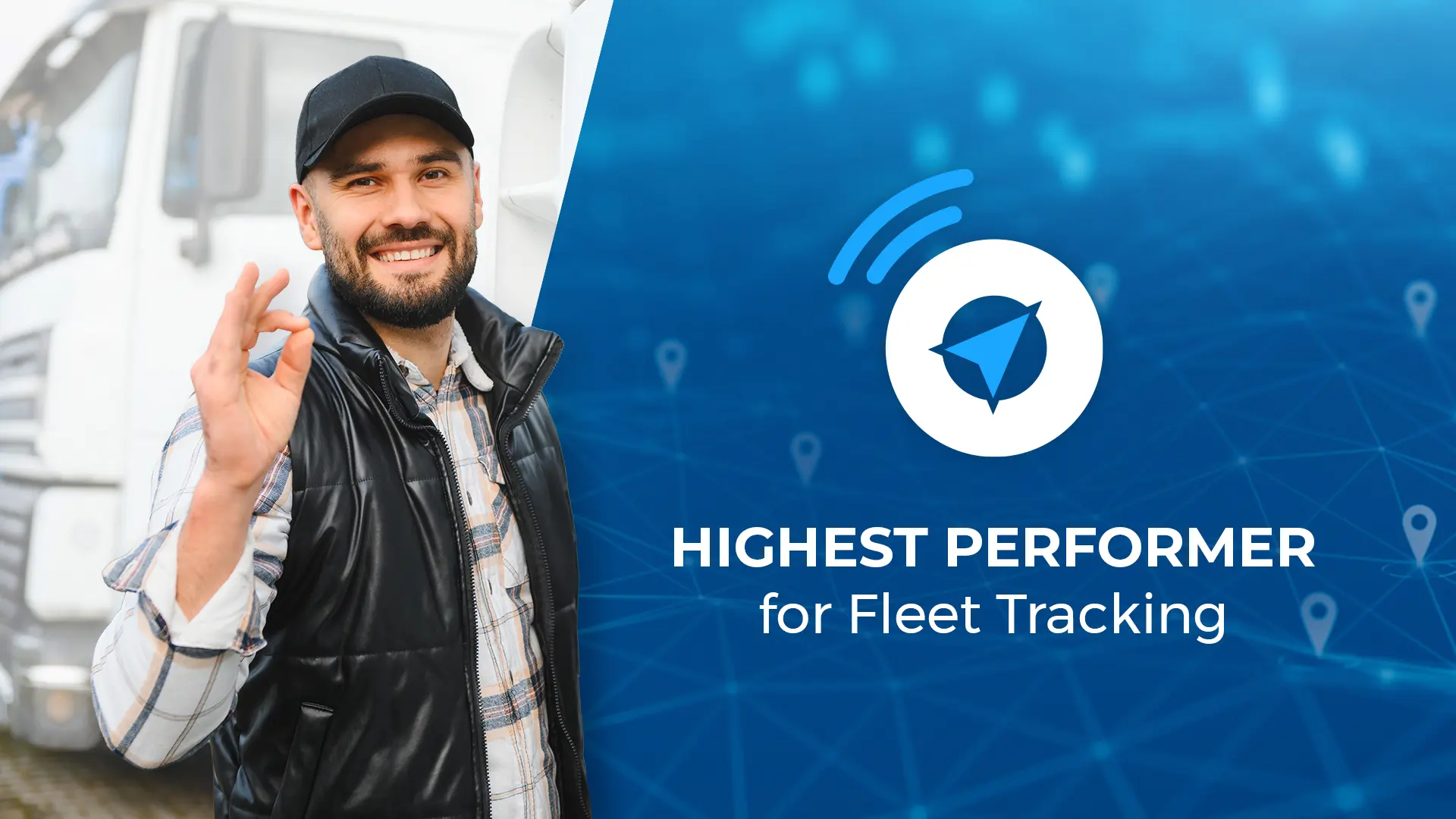 Truck driver smiling beside a semi-truck next to One Step GPS branding announcing G2's Highest Performer and Easiest to Use recognition for fleet tracking