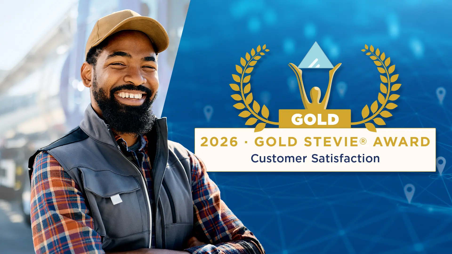 One Step GPS Gold Stevie Award graphic for Customer Satisfaction shown next to a smiling field service worker
