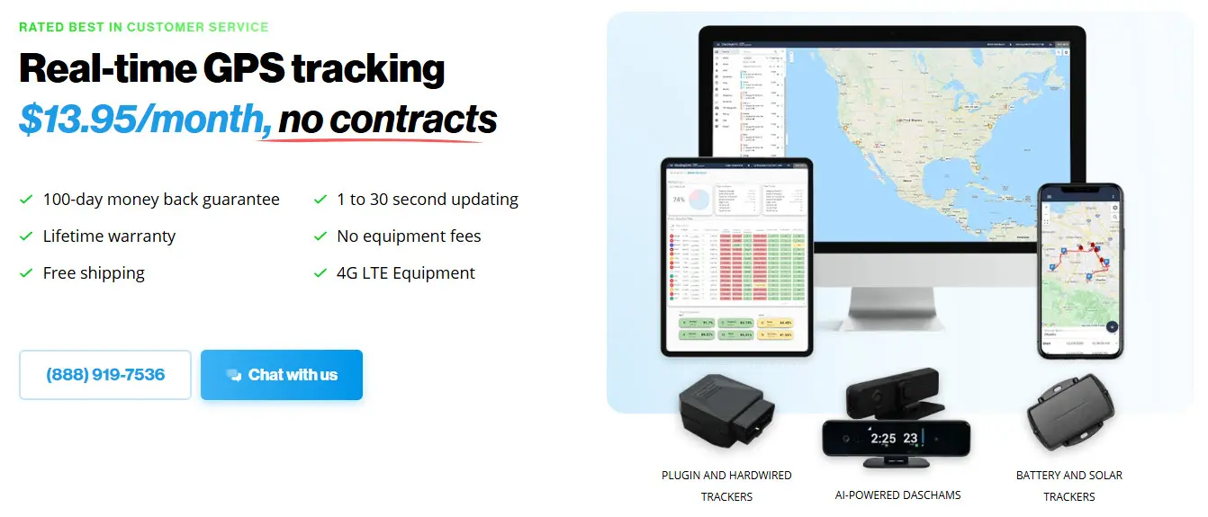 Promotional image highlighting One Step GPS's real-time tracking services, pricing, and customer benefits with no contracts.