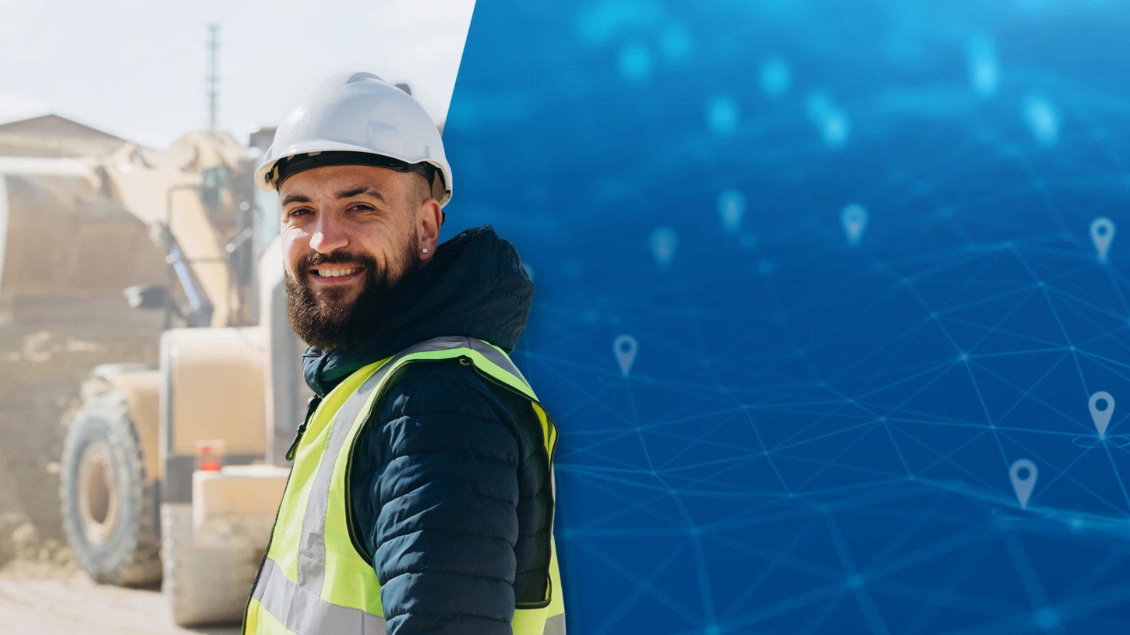 Construction fleet manager wearing a safety vest and hard hat with digital fleet tracking graphics, representing fleet management provider evaluation for commercial fleets.