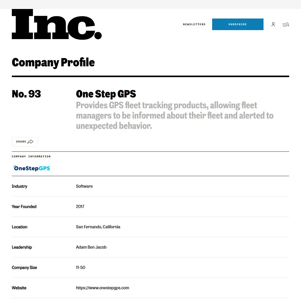 Inc. company profile page showing One Step GPS ranked No. 93 on the 2026 Inc. Regionals Pacific list