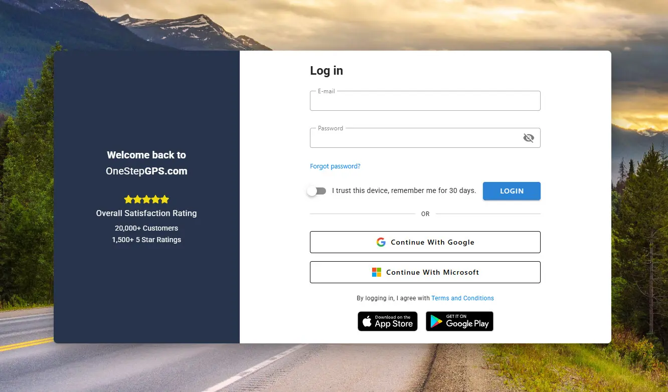 One Step GPS login interface displaying fields for email and password, options for Google and Microsoft login, and a satisfaction rating.