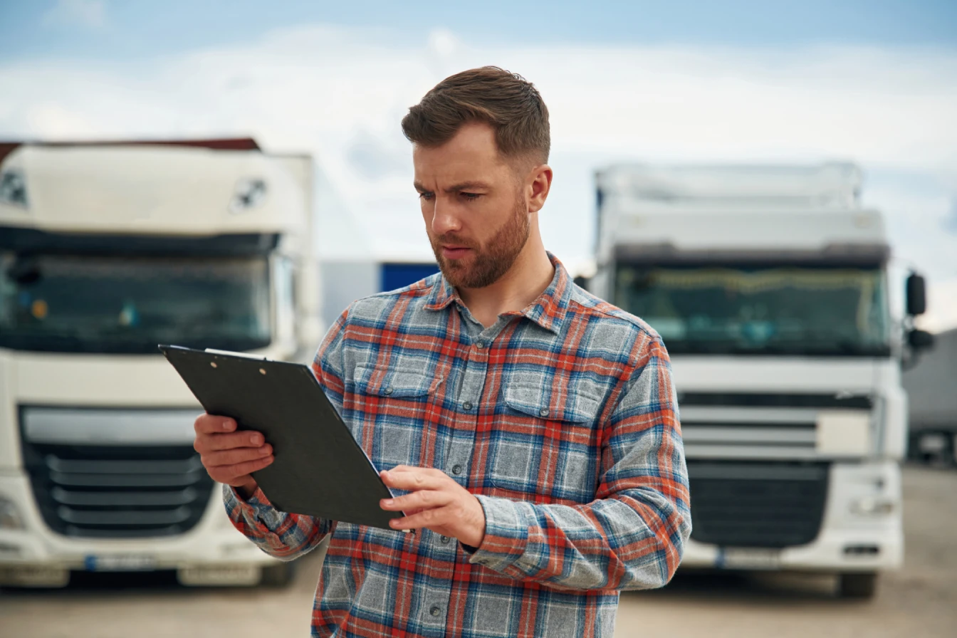 A fleet manager in a plaid shirt reviewing a clipboard in front of a row of parked white semi trucks, illustrating the contract-lock-in problems large fleets face.