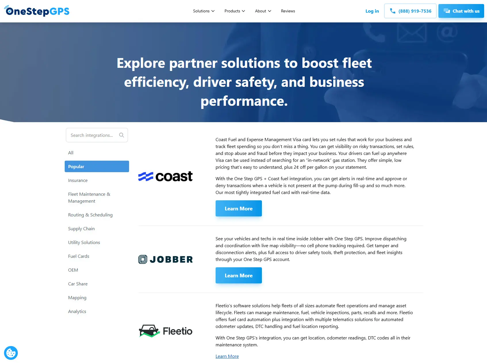 One Step GPS partner solutions page highlighting integrations with Coast, Jobber, and Fleetio to enhance fleet efficiency and driver safety.