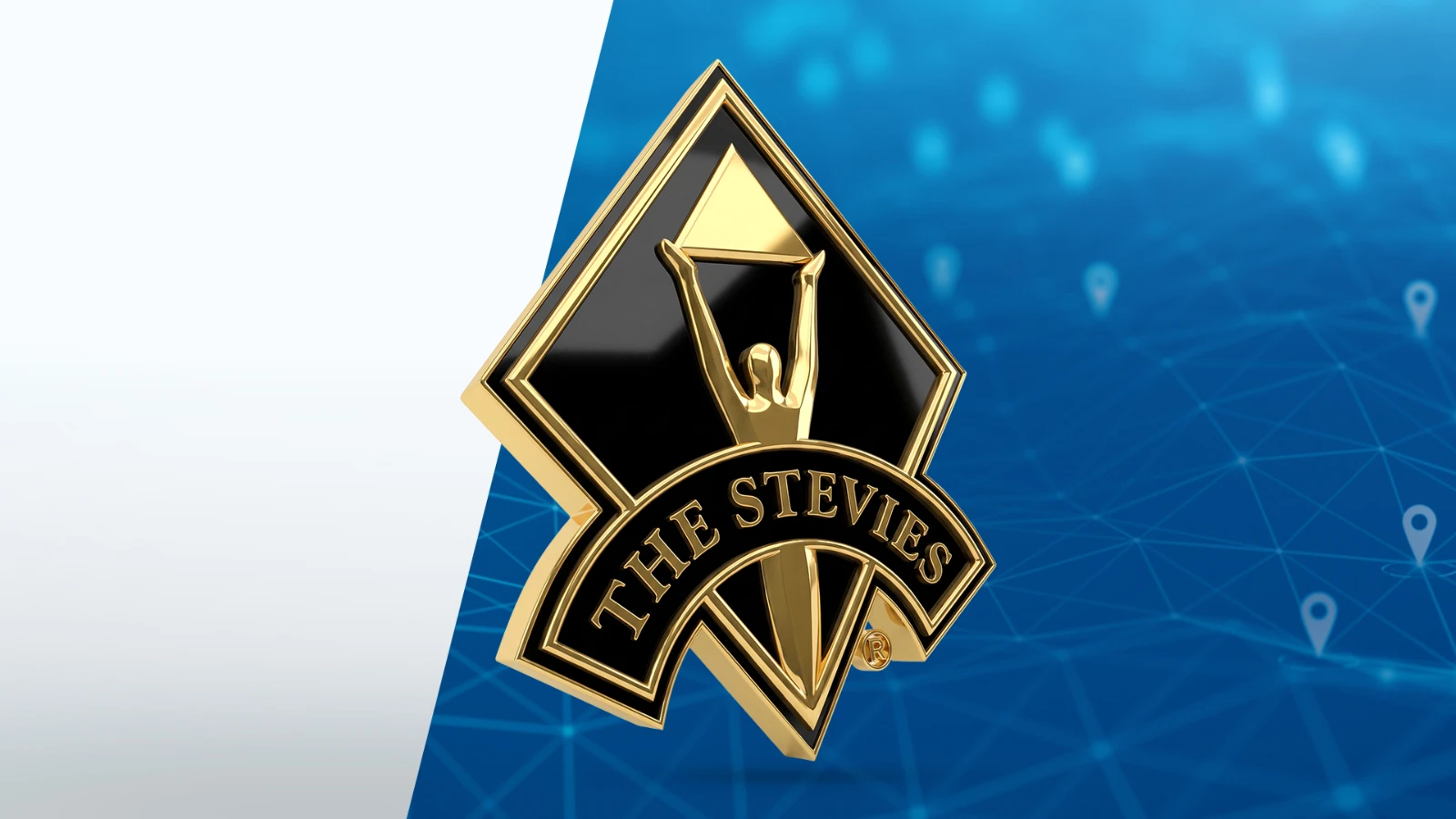 Gold and black Stevie Awards trophy on a blue background with GPS location pin icons, representing One Step GPS's two 2026 Stevie Award wins
