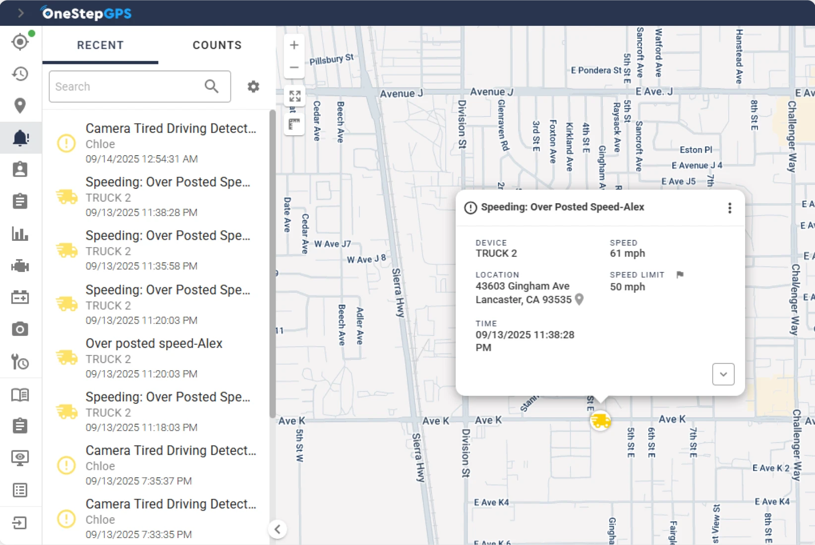 A One Step GPS screen listing speeding and tired-driving camera alerts on a map with an over-posted-speed event detail.