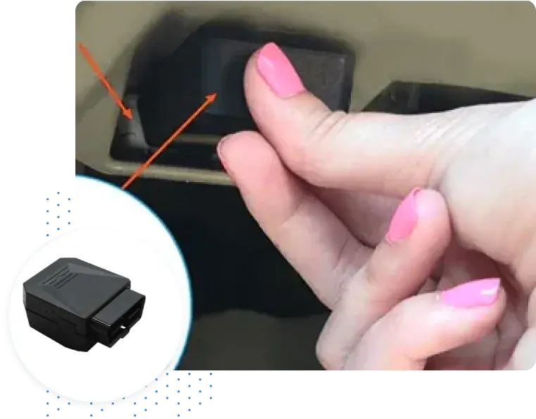 Hand plugging a One Step GPS OBD device into a vehicle's diagnostic port.