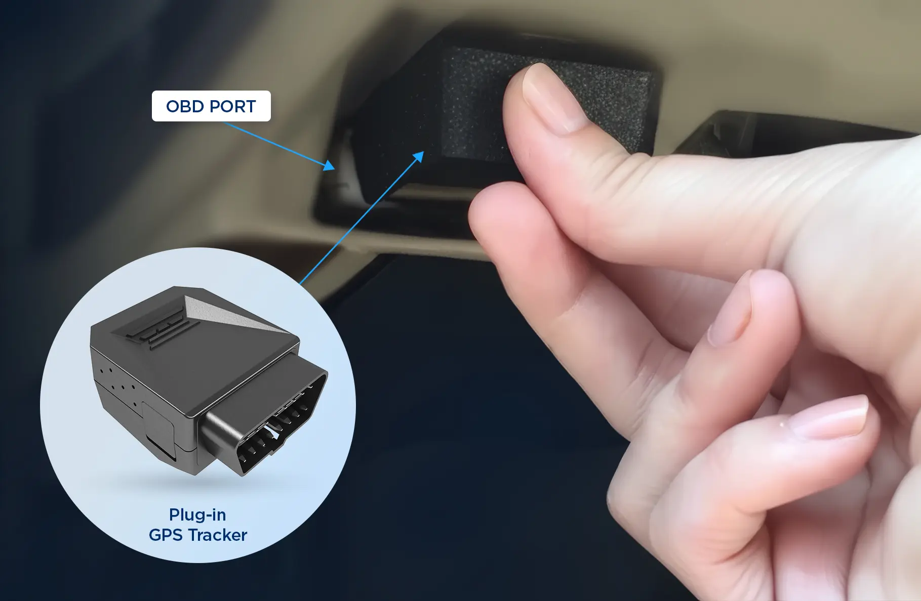 One Step GPS plug-in tracker connected to a vehicle’s OBD port for fast installation and live diagnostics