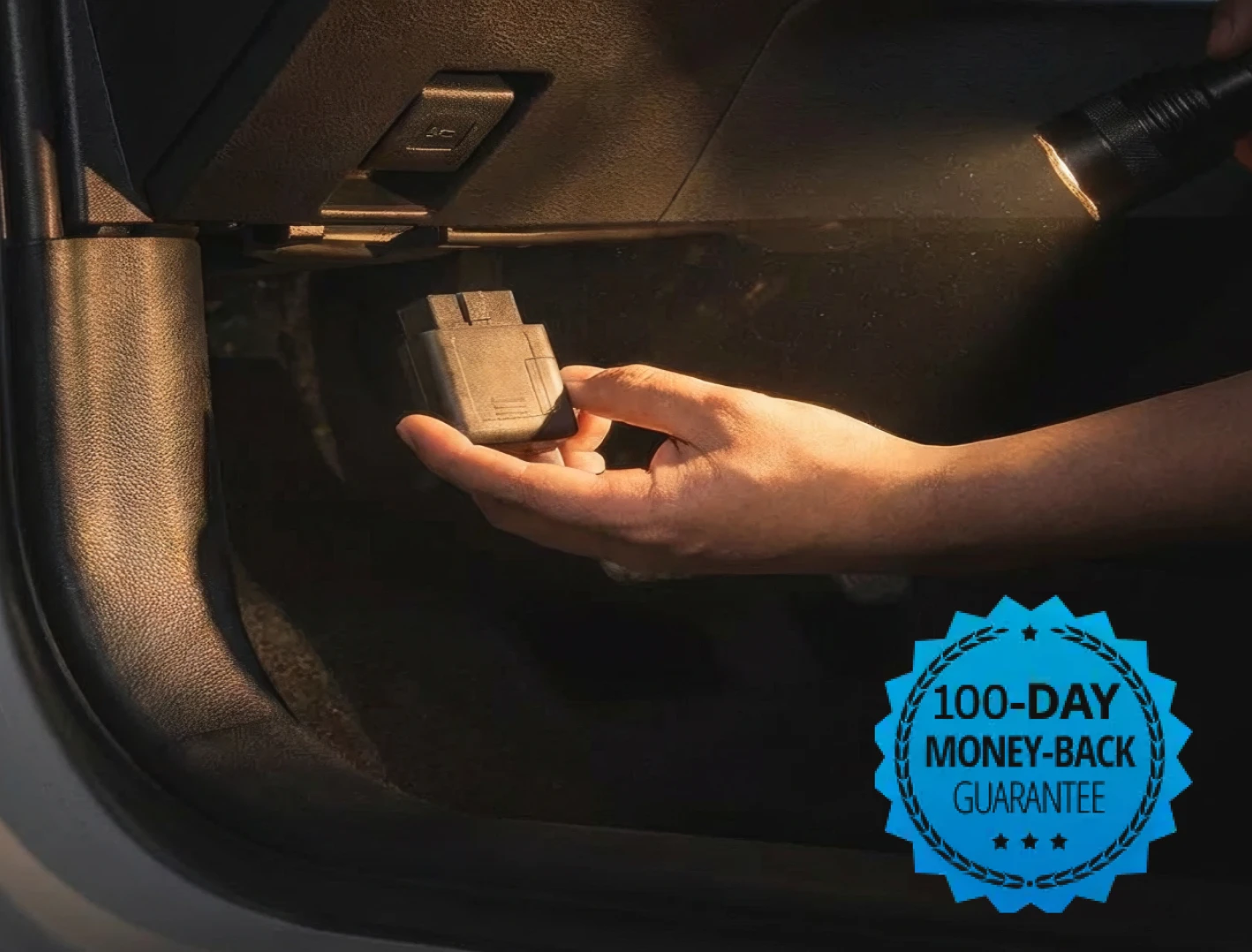 A hand holding a plug-in One Step GPS plugin tracker inside a vehicle cab with a "100-Day Money-Back Guarantee" seal, reinforcing the risk-free guarantees listed beside it.