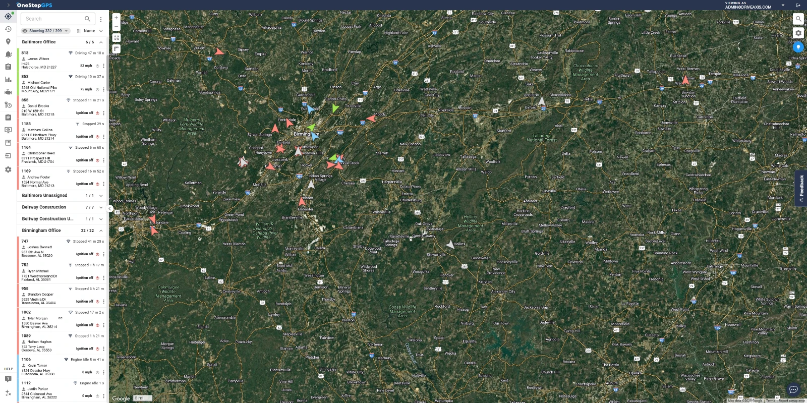 One Step GPS live tracking map showing hundreds of vehicles as directional markers across a satellite map, with a left sidebar listing vehicles by office group, each with driver name, address, and status such as driving speed, stopped duration, ignition off, or engine idle.