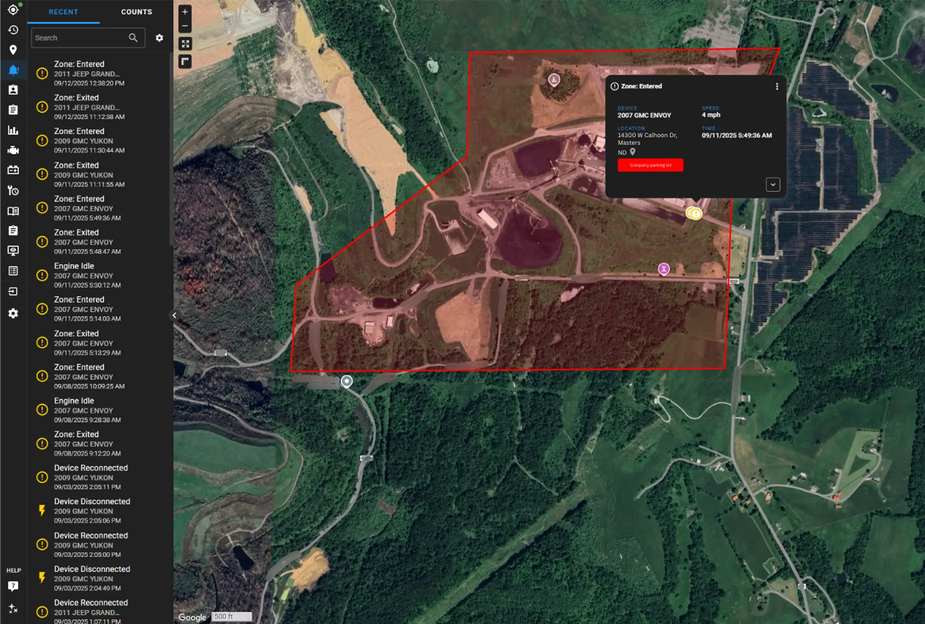Map UI showing red geofence marked on map