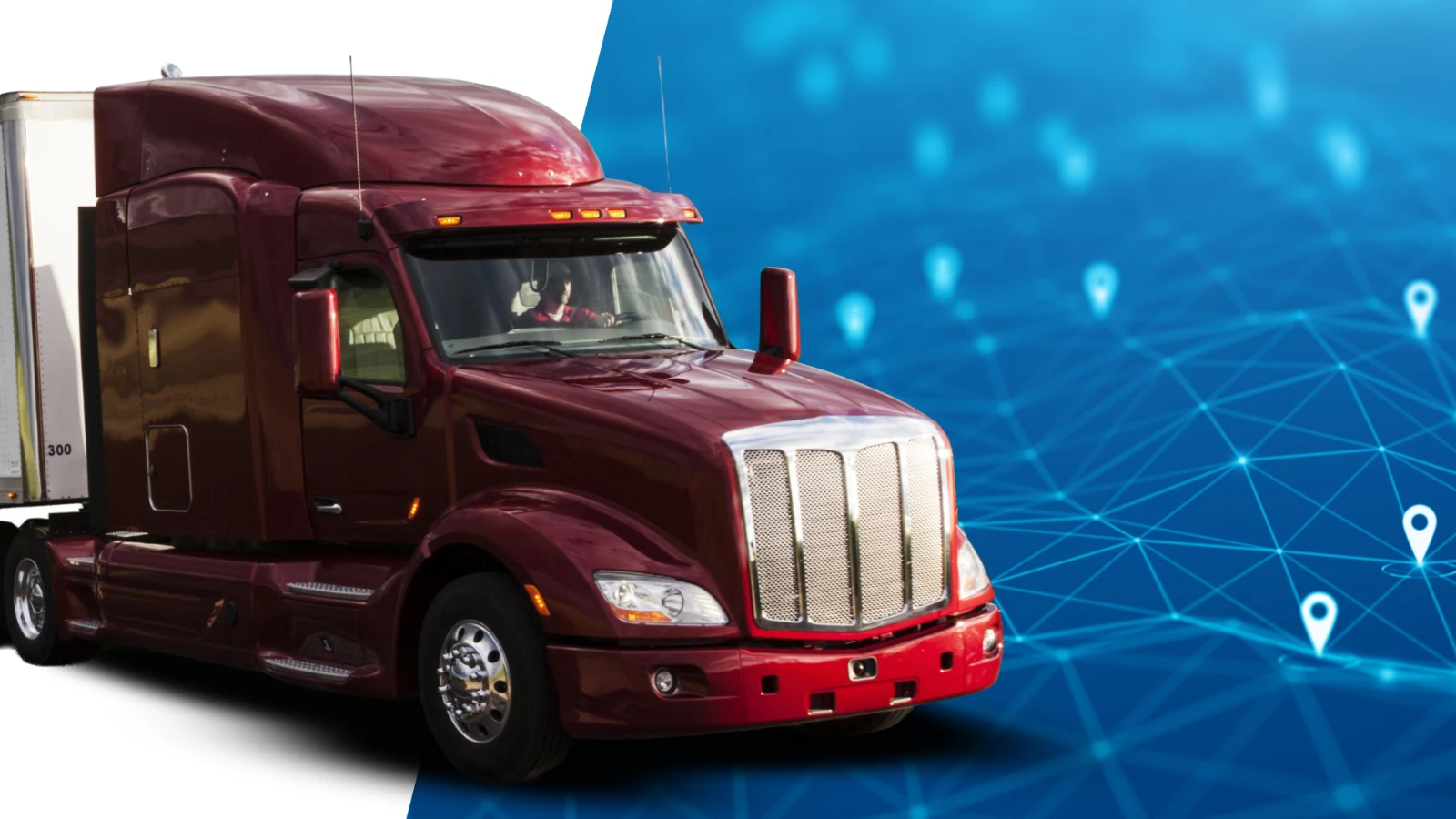 Commercial truck connected to GPS driver behavior monitoring system for fleet safety, driver coaching, and real-time telematics.