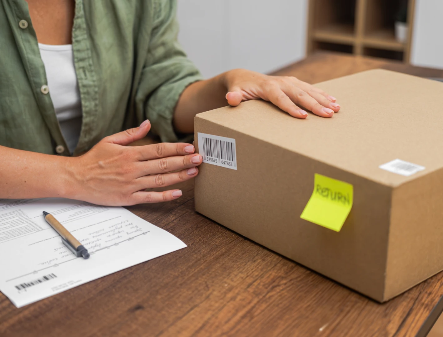 A person at a desk sealing a cardboard box marked "RETURN" with paperwork and a pen, illustrating the free return shipping and money-back guarantee.