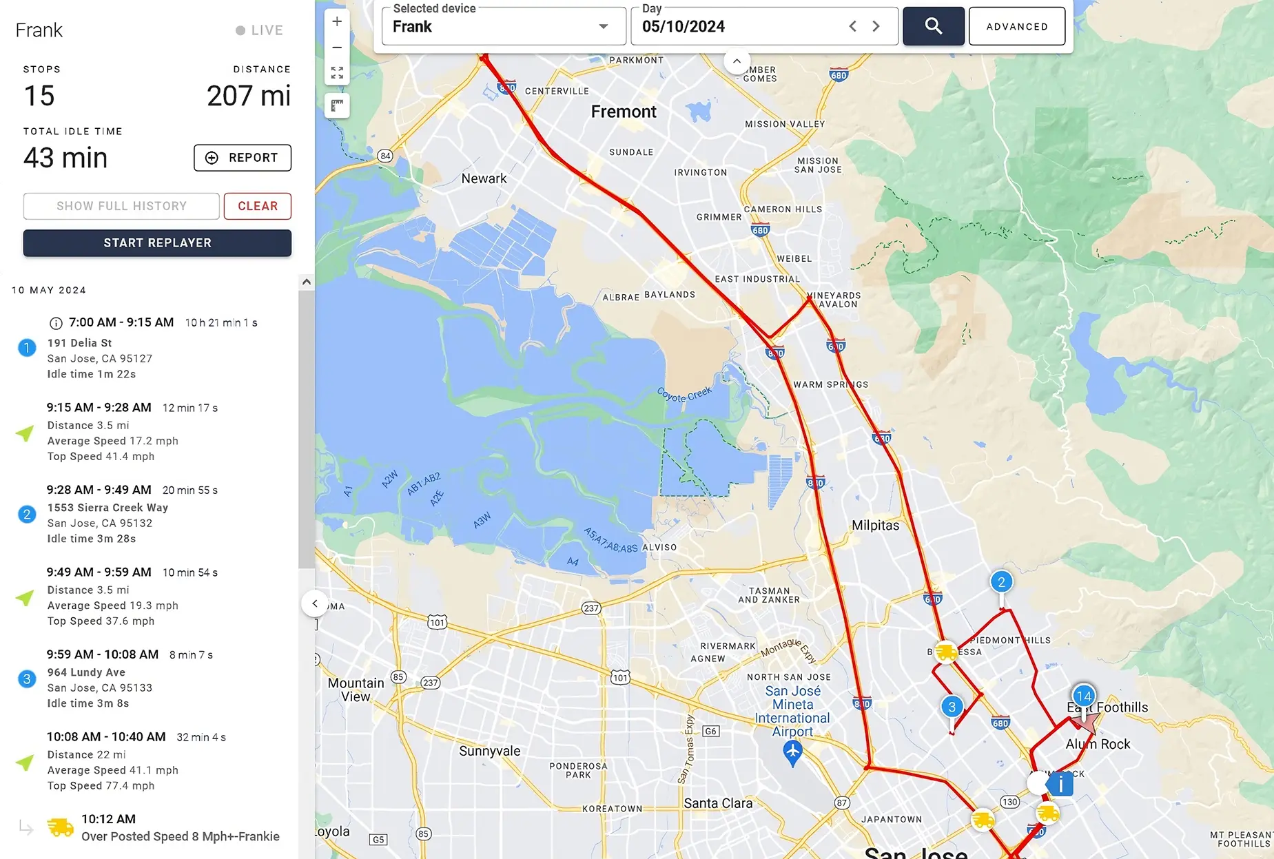 Map UI showing a selected device