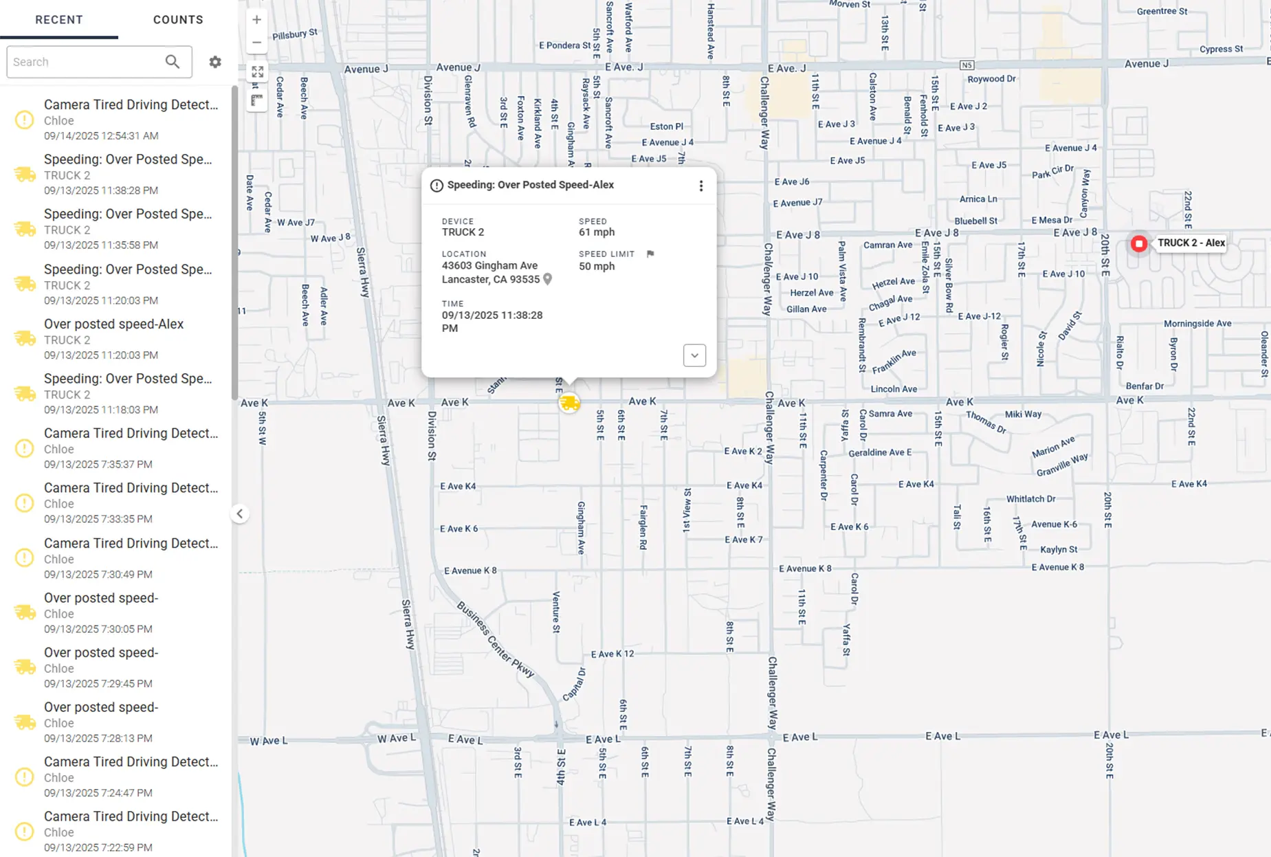 Map UI showing telematics data for a device