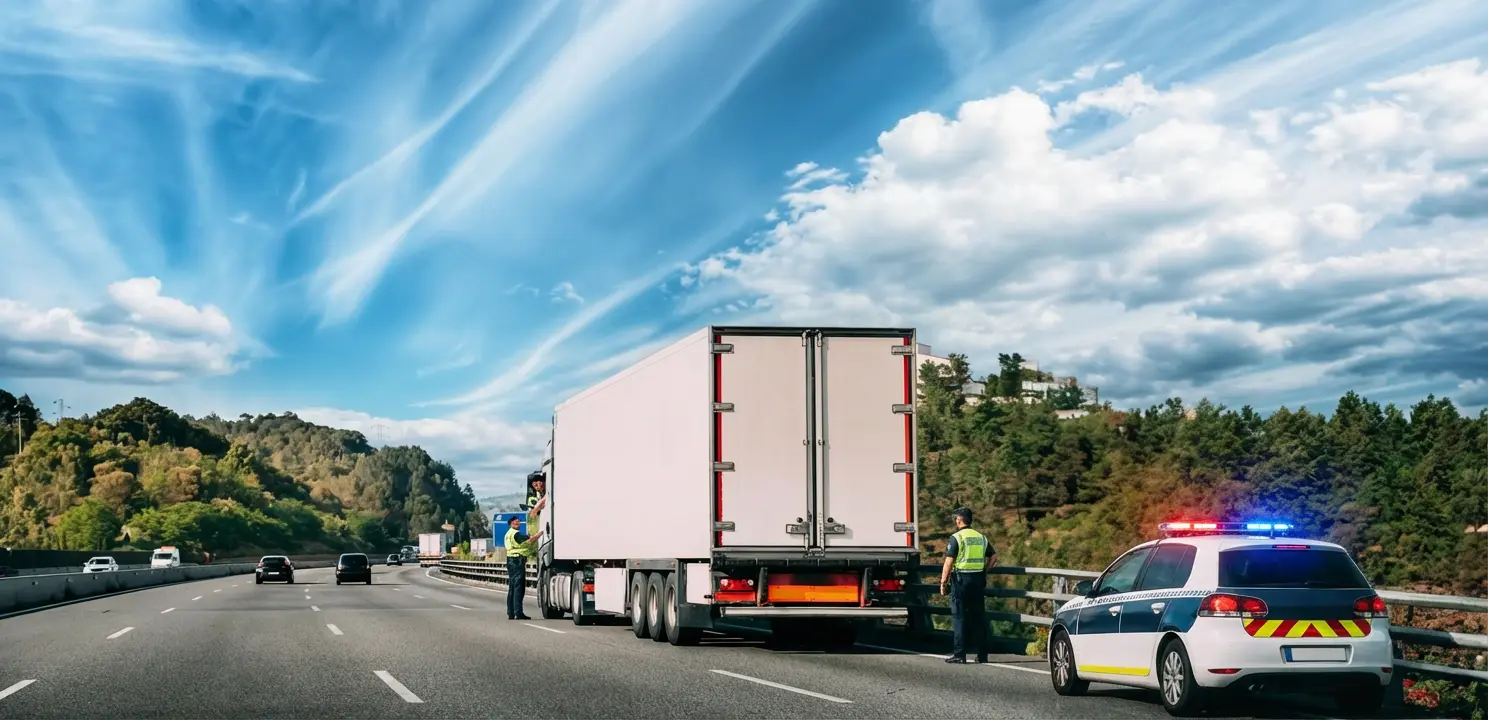 Police officer conducting a roadside stop of a commercial trailer truck on a highway shoulder during daylight
