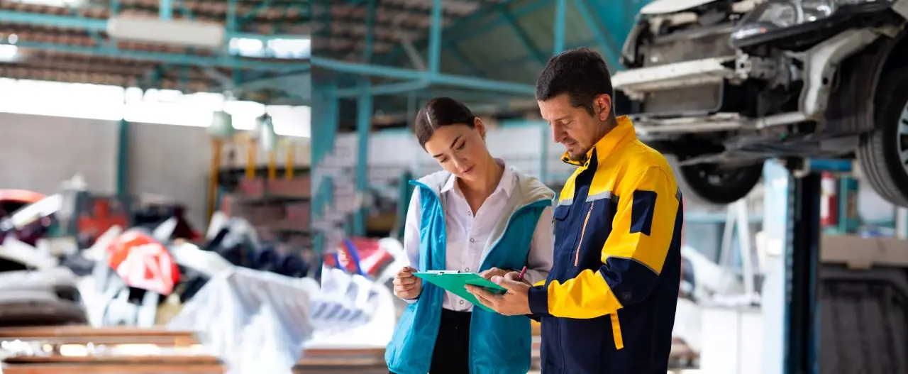 Two people reviewing vehicle inspection report on a clipboard