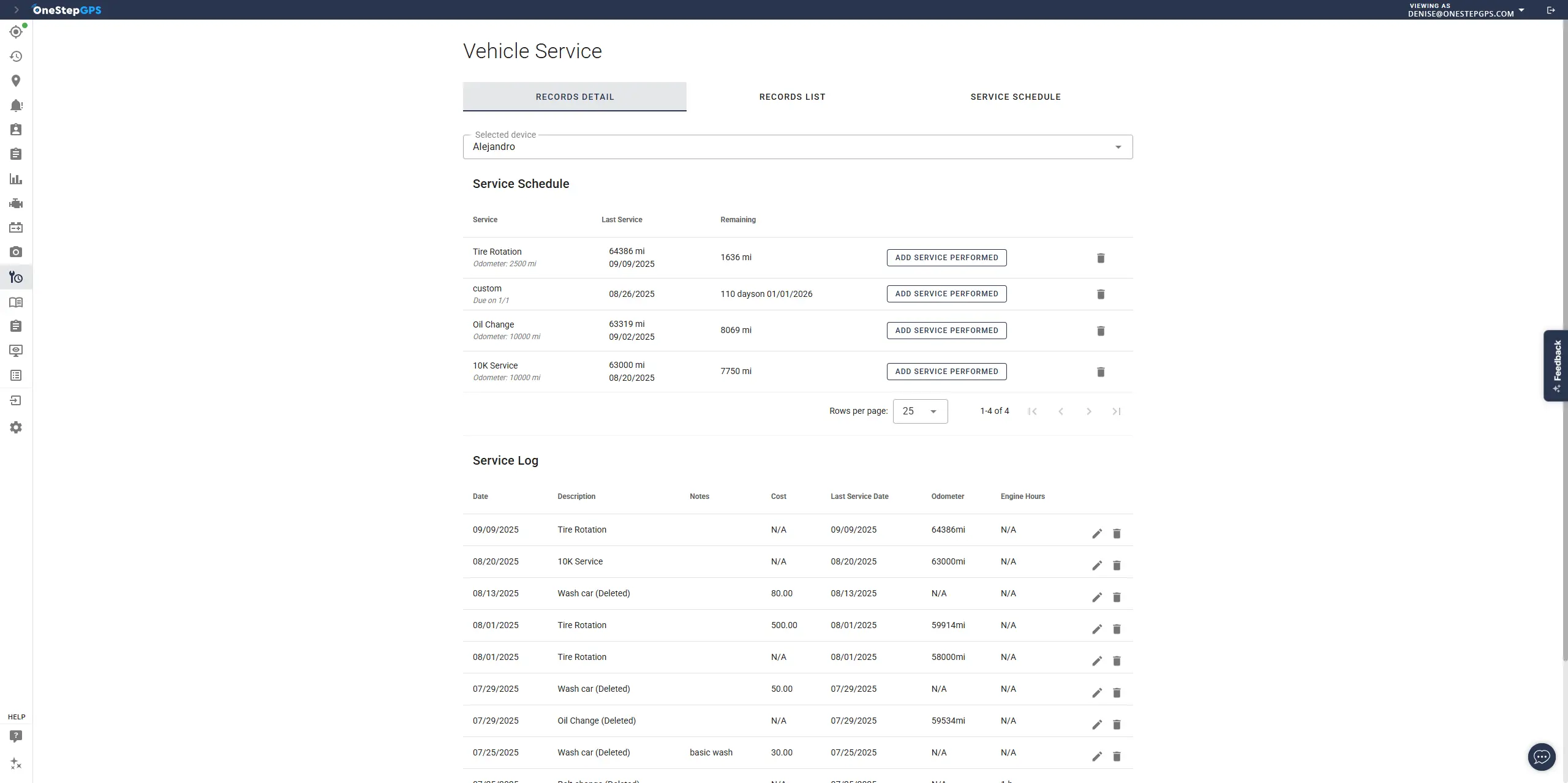 Fleet management software displaying preventive maintenance schedules, service history, and maintenance records for construction fleet vehicles.