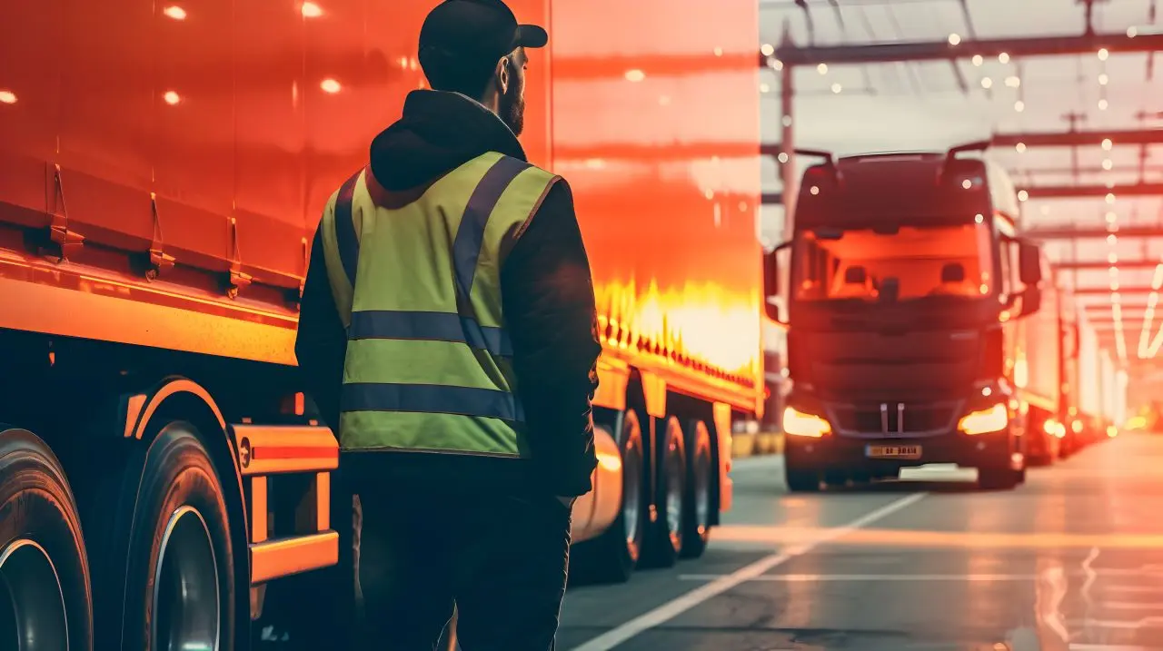 Worker standing near trucks