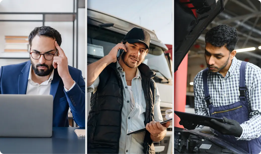 A three-photo collage of an office manager at a laptop, a driver on the phone beside a truck, and a technician inspecting an engine, showing the different roles that all have to use the platform.