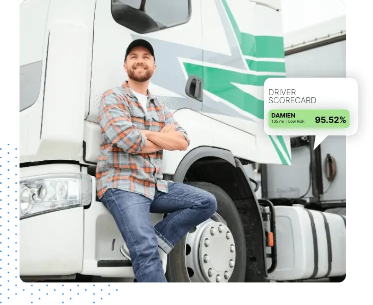 Driver standing next to his truck with a good driving score